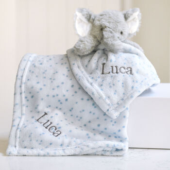 Personalised Blue Fluffy Elephant Comforter Blanket Set, 5 of 8