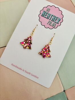 Pink And Gold Christmas Tree Glitter Resin Earrings / Pink Christmas Jewellery / Christmas Gift / Bold Sparkly Pink Holiday Accessory, 11 of 12