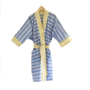 Cotton Block Print Kimono Blue And Mustard Fish, 2 of 6