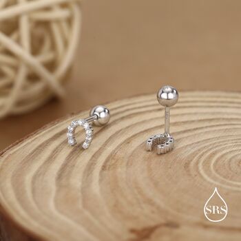 Sterling Silver Cz Horseshoe 18 G Screw Back Stud Earrings With Ball Backs, 2 of 11