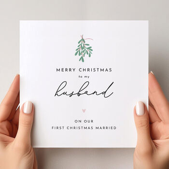 Husband First Married Christmas Card: Mistletoe And Pink Heart Design, 5 of 6