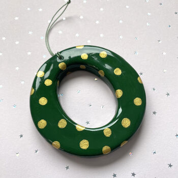 Personalised Handmade Green And Gold Polka Dot Clay Hanging Letter, 3 of 5