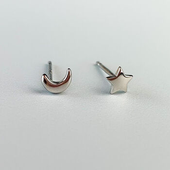 Sterling Silver Tiny Moon And Star Stud Earrings, 4 of 7