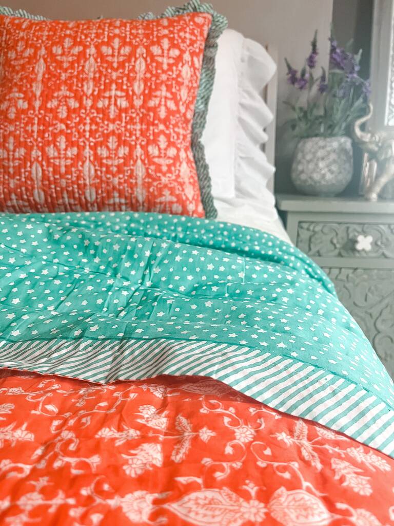 Handmade Block Print Heirloom Orange Quilt By Bombaby