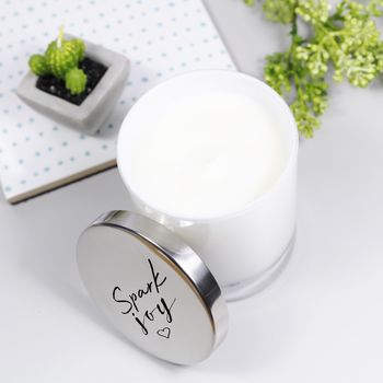 Spark Joy Quote Luxury Candle With Lid, 2 of 5