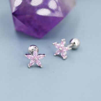 Sterling Silver Tourmaline Pink Cz Flower Earrings, 7 of 12