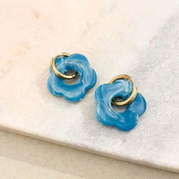 Chunky Resin Flower Drop Gold Huggie Hoop Earrings, 2 of 3
