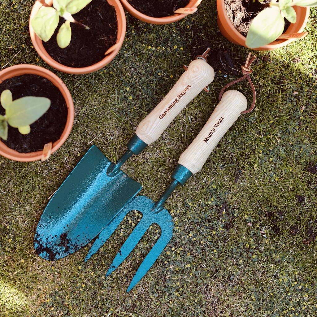 personalised fork and trowel gardening set by hot dot laser