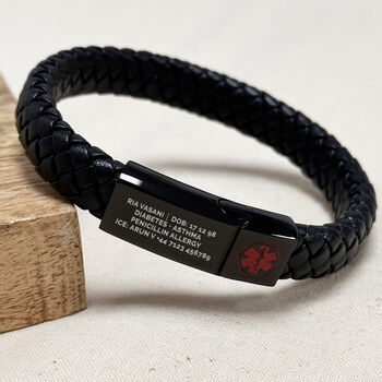 Personalised Men's Woven Leather Medical Bracelet, 2 of 7
