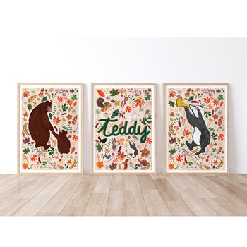 Personalised Woodland Nursery Print Set | Set Of Three Wall Art, 5 of 11