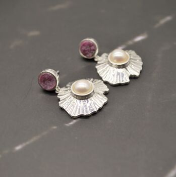 Raw Red Ruby, Pearl Sterling Silver Earrings, 6 of 7