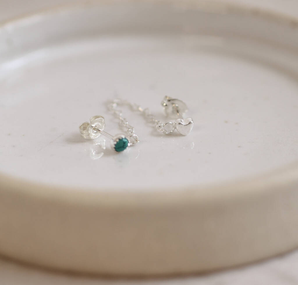 Sterling Silver Heart Birthstone Chained Mini Studs, 1 of 4