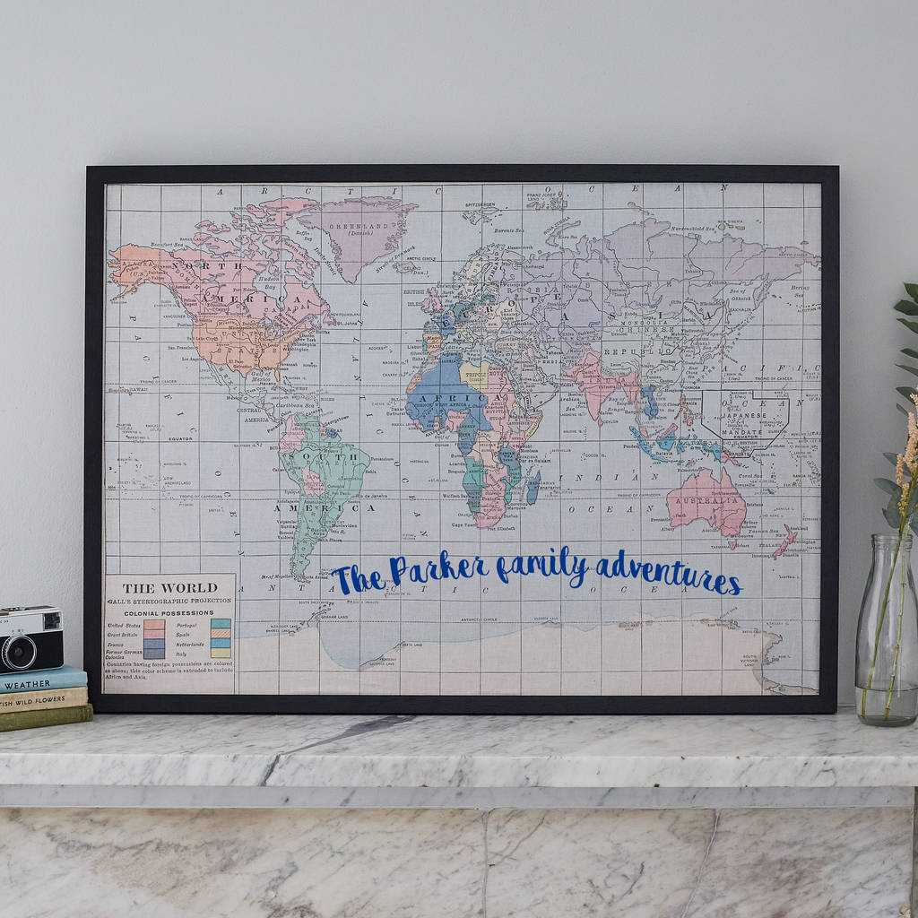 personalised travel pin board personalised printed fabric world map noticeboard