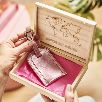 Personalised Leather Luggage Tag With Wooden Gift Box, 2 of 7