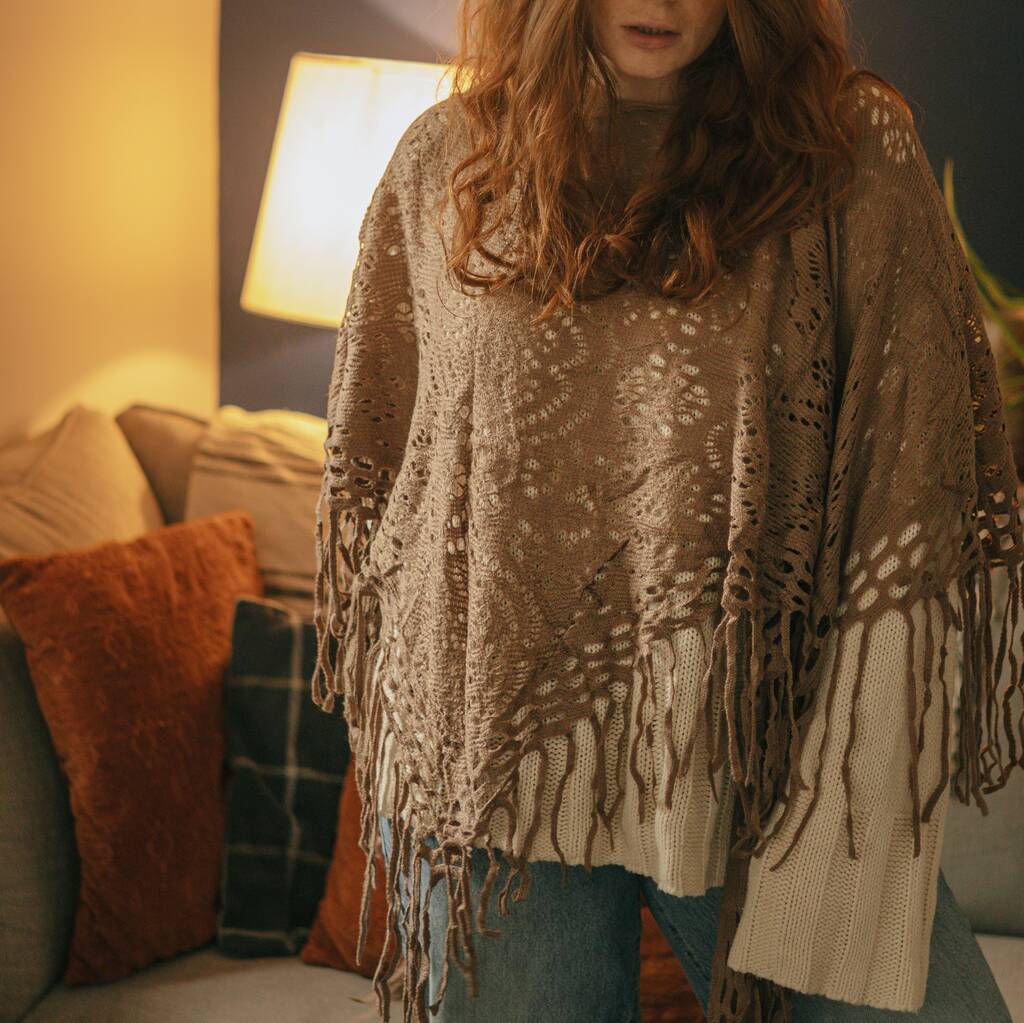 Cream Knitted Poncho With Tassels, 1 of 4