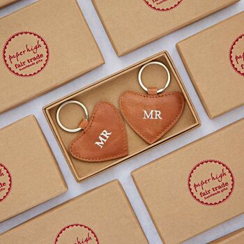 Mr And Mr Same Sex Couple Leather Heart Keyring Set, 4 of 4