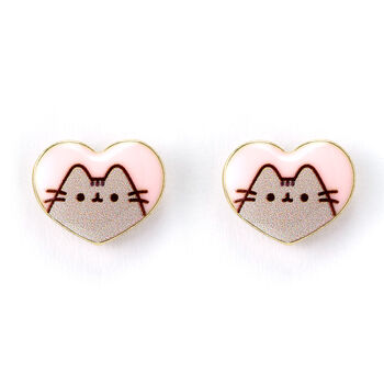Pusheen The Cat Pink Enamel And Gold Heart Stud Earrings, 4 of 5