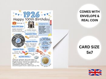 100th Birthday Card With 1926 Coin Choose Card Colour, 2 of 3