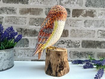 Large 30cm Hand Carved Painted Intricate Wooden Barn Owl Figurine For Bird Lovers, 8 of 10