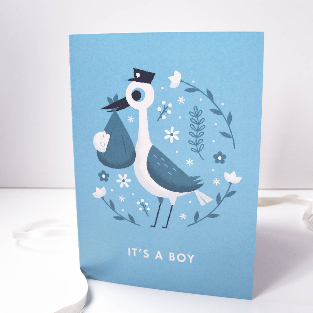 'It's A Boy' Illustrated Stork New Baby Card, 1 of 3