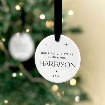 First Christmas As Mr And Mrs Personalised Ceramic Bauble, 8 of 10