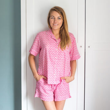 Short Cotton Pj Set In Pink And White Block Print, 6 of 7