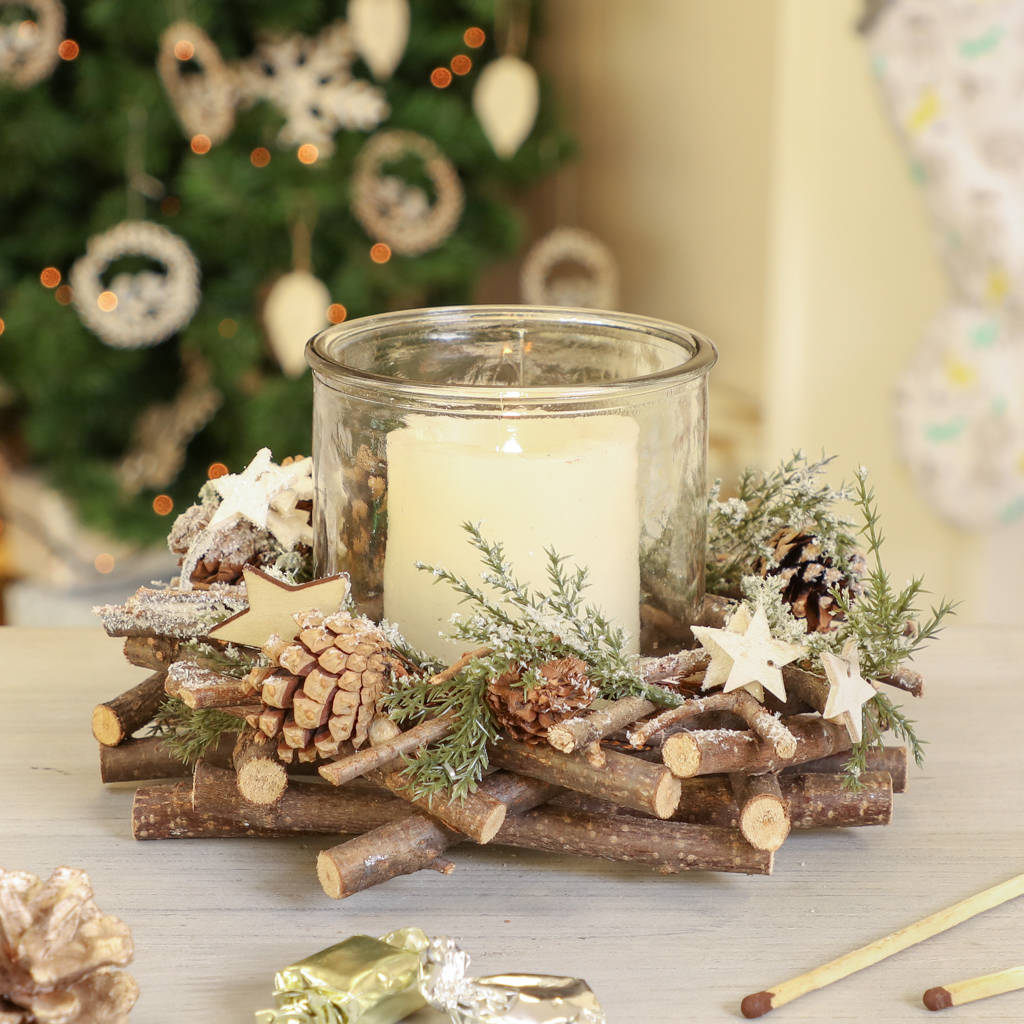 frosted woodland christmas pillar candle holder gift by dibor