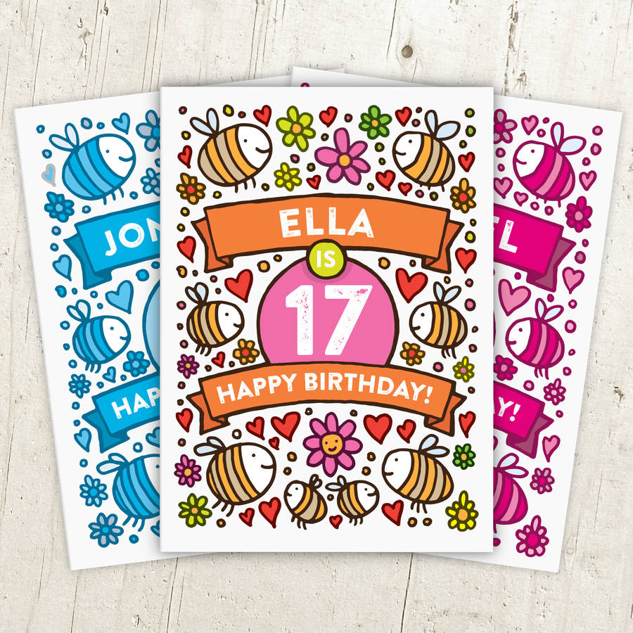 personalised bee's illustrated 17th birthday card by a is for alphabet ...