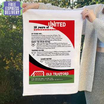 Years Of Being A Red Devil Tea Towel Birthday Gift For Manchester United Fan, 7 of 8