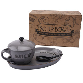 Grey Soup Bowl And Plate With Spoon In Gift Box, 2 of 4