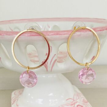 Gold Plated Hoop Earrings With Pink Faceted Polished Glass Stone, 4 of 5