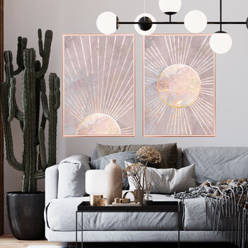 Two Boho Sun Pink Gold Bohemian Wall Art Prints, 2 of 6