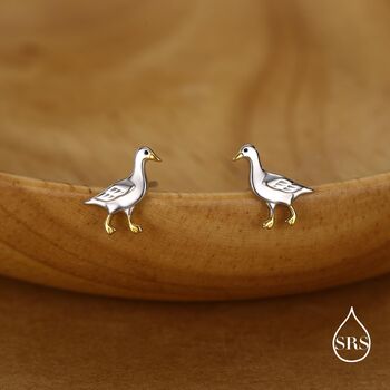 Sterling Silver Goose Stud Earrings With Gold Details, 4 of 11