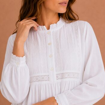 White Cotton Nightdress Polo Long Sleeve Broderie Anglaise Vintage Victorian Nightgown, 9 of 12