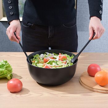 Black Solid Bamboo Salad Wooden Bowl With Server Set, 6 of 8
