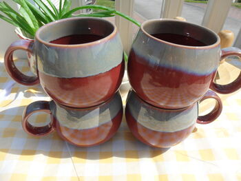Set Of Four Reactive Glaze Sphere Mugs In Maroon And Grey Mist Haze, 5 of 9