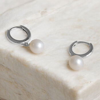 Sterling Silver Round Pearl Huggie Hoop Earrings, 2 of 7