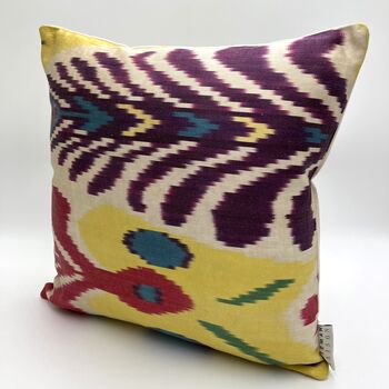 Square Ikat Silk Cushion Yellow And Purple Abstract, 7 of 7