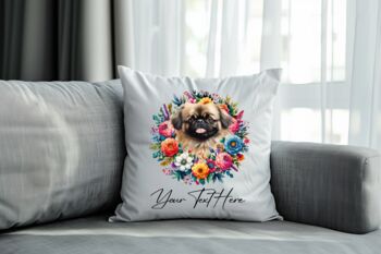 Personalised Pekingese Summer Floral Dog Wreath Cushion And Mug Gift Bundle, 4 of 4