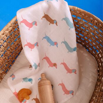 Muslin Swaddle Baby Blanket Sausage Dog Dachshund, 4 of 8