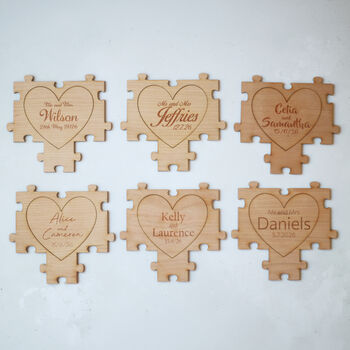 Wooden Heart Jigsaw Puzzle Piece Alternative Wedding Guest Book, 6 of 11