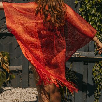 Red Viscose Metallic Tassel Kimono Beach Cover Up, 3 of 3