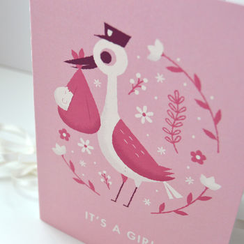 'It's A Girl' Illustrated Stork New Baby Card, 2 of 3
