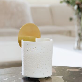 White Porcelain Tealight Holder With Brass Disc, 2 of 4