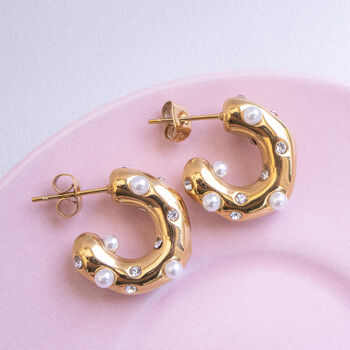 Non Tarnish Chunky Hoop Earrings Inlaid With Pearls, 5 of 7