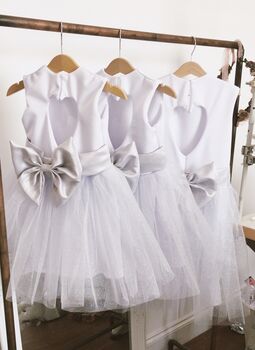 White Glitter Tutu Flower Girl Dress With Silver Bow And Heart Back Wedding And Special Occasion Dress For Girls, 6 of 6