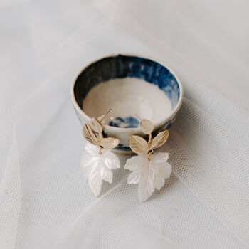 Gold And Ivory Carved Leaf Bridal Earrings, 2 of 3