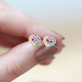 Sterling Silver Rainbow Crystal Heart Stud Earrings, 3 of 4