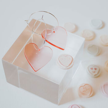 Silver Plated Acrylic Pink Heart Hoop Earrings, 2 of 5