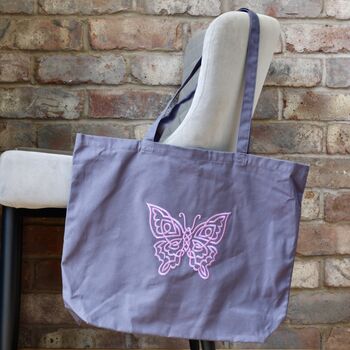 Large Grey Tote Bag With Embroidered Butterfly, 2 of 2